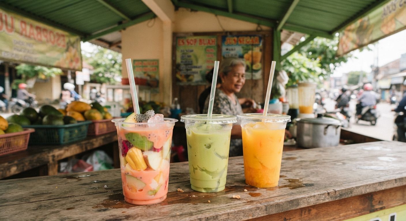 Tiga gelas jus buah segar Jus Tugu di meja warung: sop buah, jus alpukat, dan jus mangga