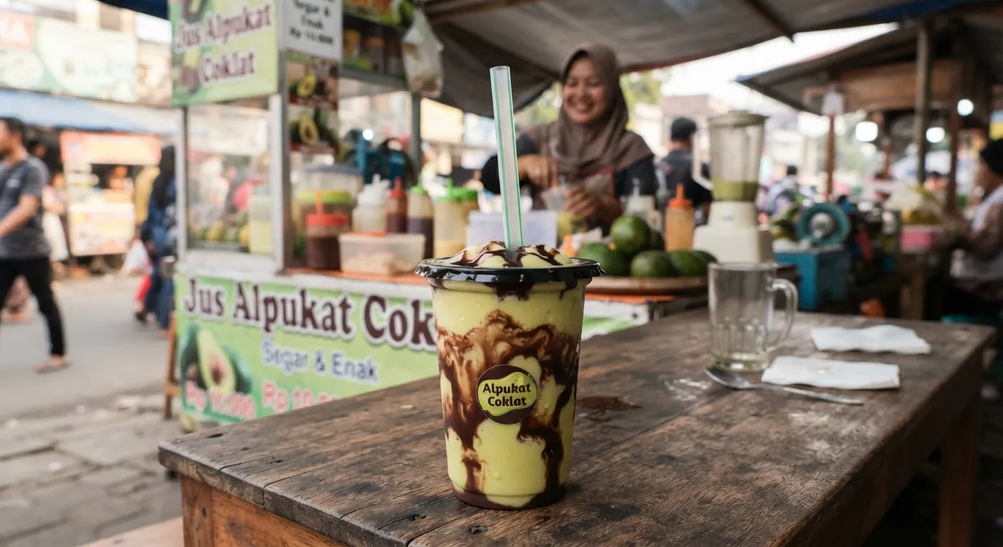 Jus alpukat Jus Tugu yang kental dalam gelas plastik