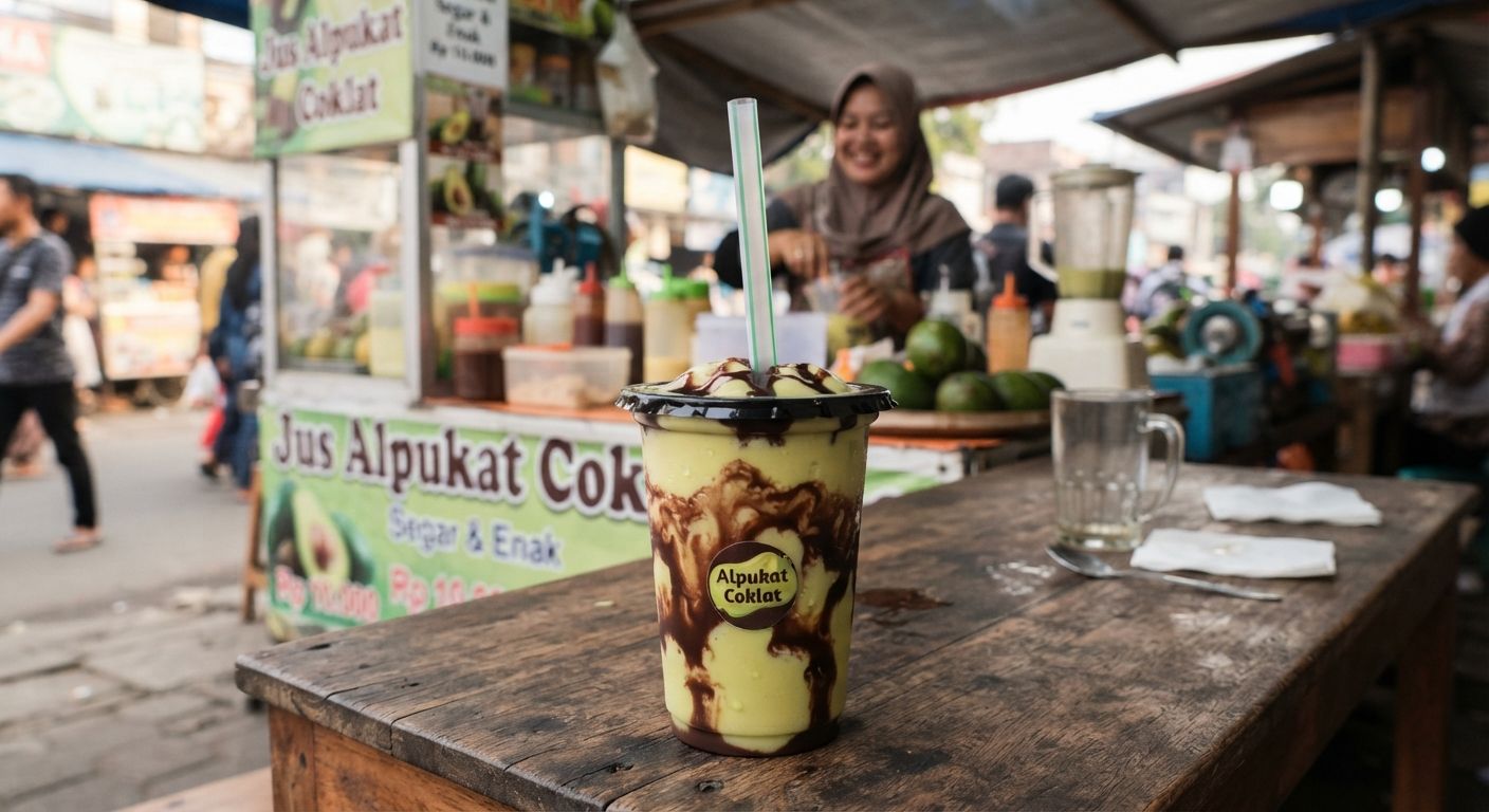 Jus alpukat Jus Tugu yang kental dalam gelas plastik