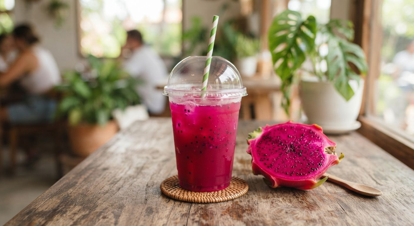 Jus buah naga Jus Tugu berwarna merah muda dalam gelas plastik