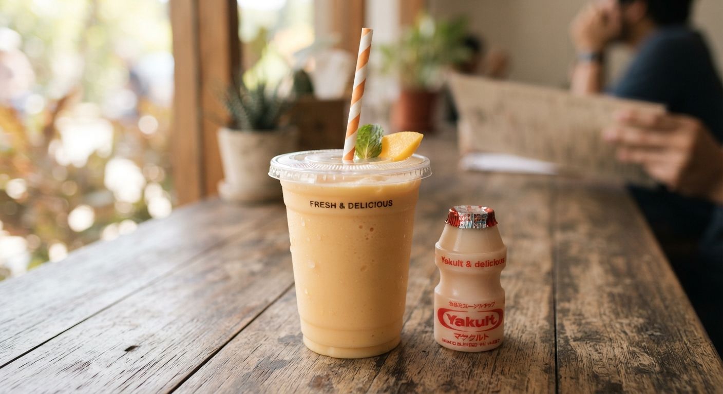 Jus mangga dengan Yakult dan susu UHT Jus Tugu dalam gelas plastik