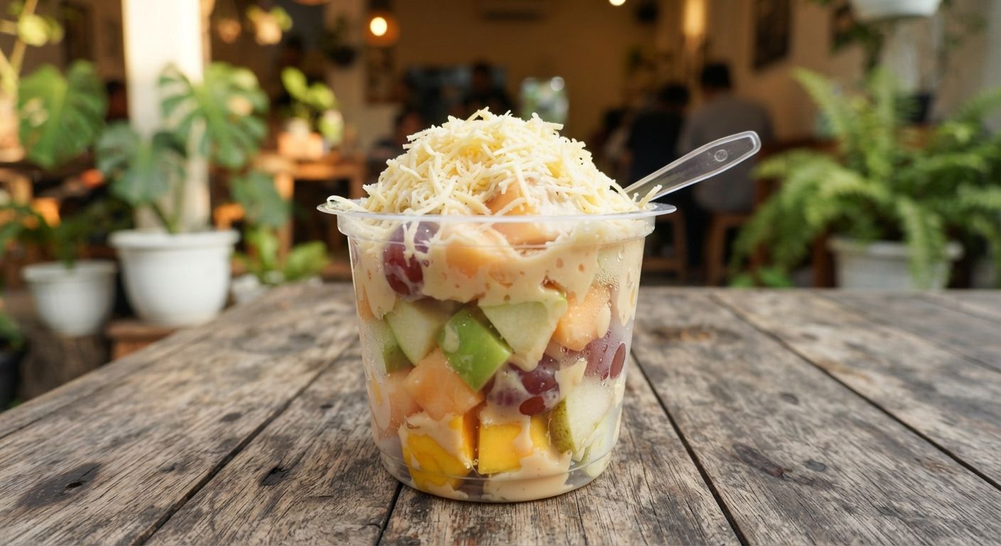 Salad buah Jus Tugu dengan saus salad dan parutan keju dalam gelas plastik