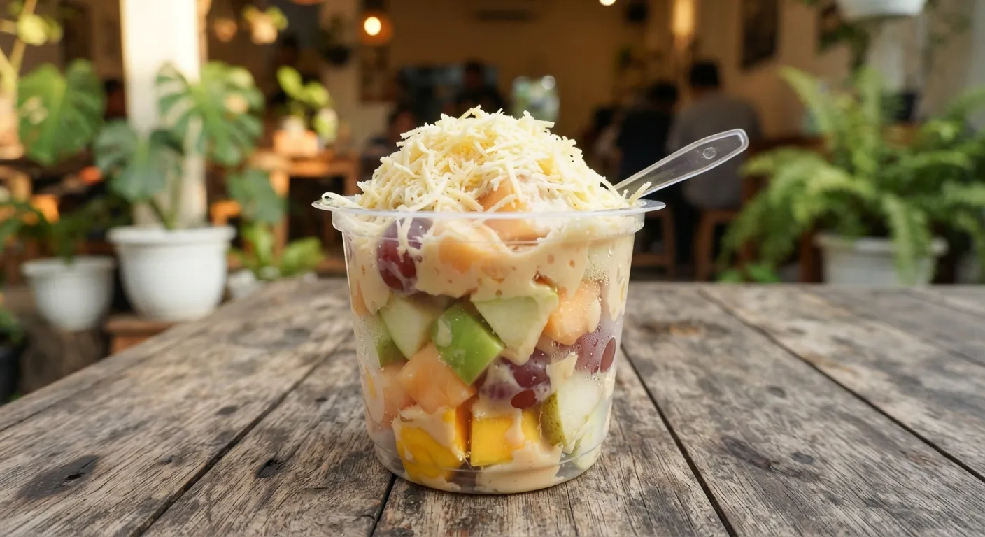 Salad buah Jus Tugu dengan saus salad dan parutan keju dalam gelas plastik