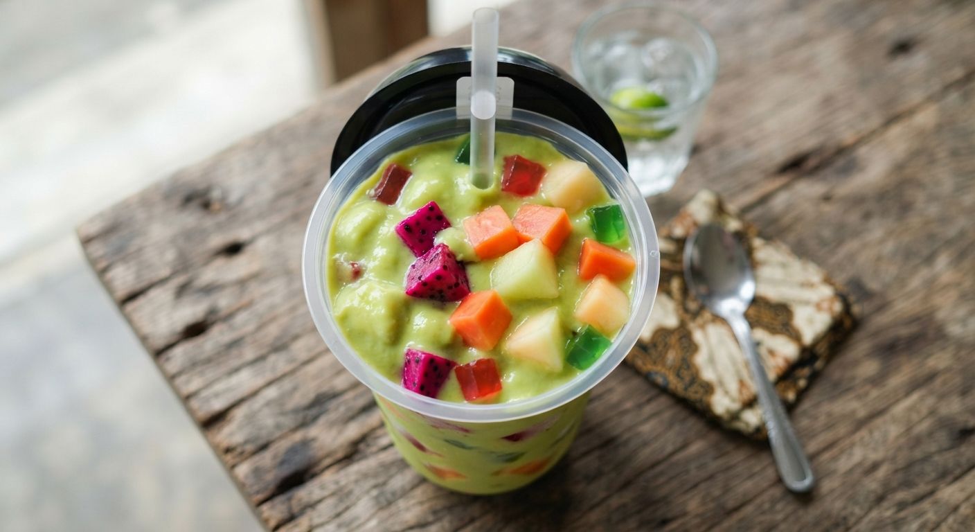 Sop buah kuah alpukat Jus Tugu dalam gelas plastik